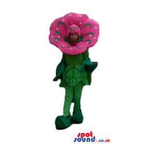 Pink flower with a green stem and green leaves - Custom Mascots