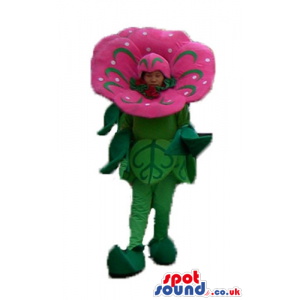 Pink flower with a green stem and green leaves - Custom Mascots