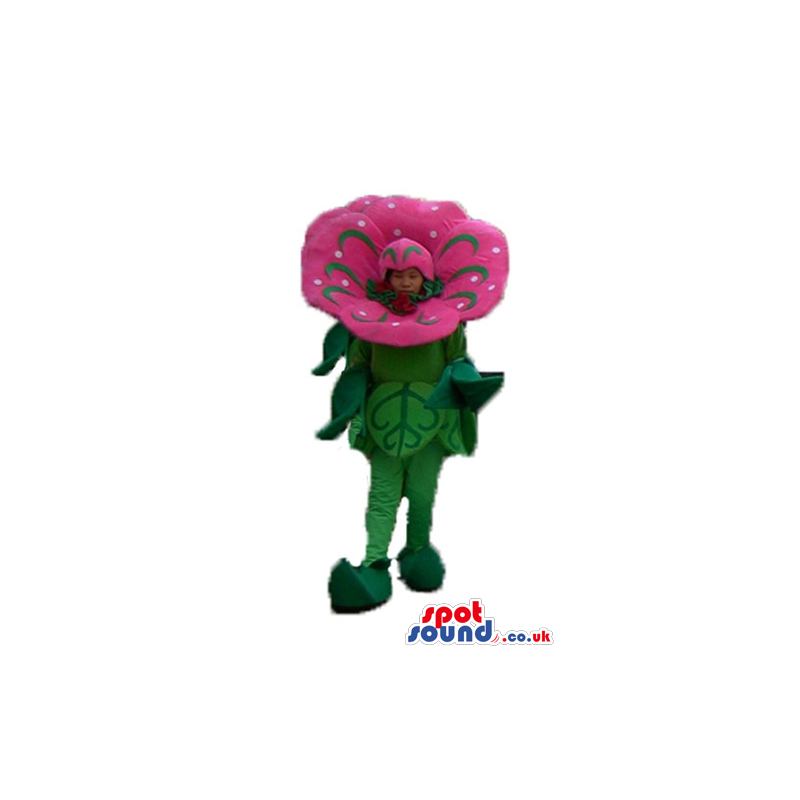 Pink flower with a green stem and green leaves - Custom Mascots
