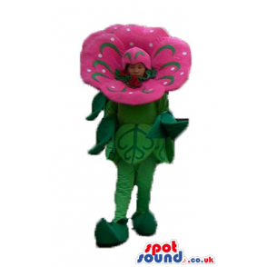 Pink flower with a green stem and green leaves - Custom Mascots