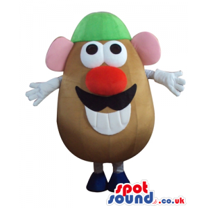 Mr potato head with big eyes, a big red nose, a black moustach