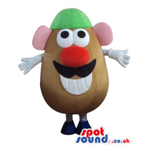 Mr potato head with big eyes, a big red nose, a black moustach