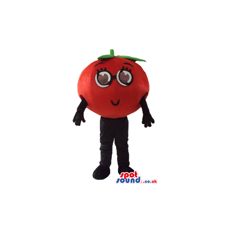 Red tomato with big round eyes, black arms and black legs -