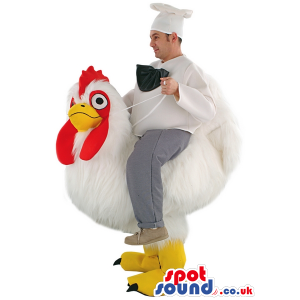White Hen Mascot With Human Walker Chef Cook On Top - Custom