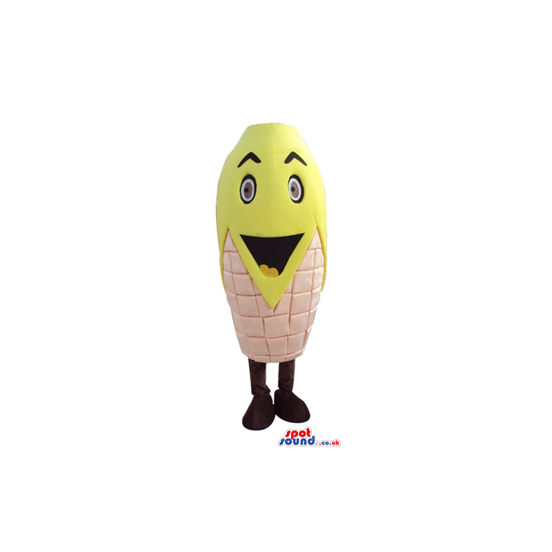 Yellow and beige corn with big eyes and a big mouth and black