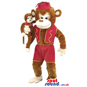 Brown Monkey Mascot With Circus Red Garment And Monkey Toy -