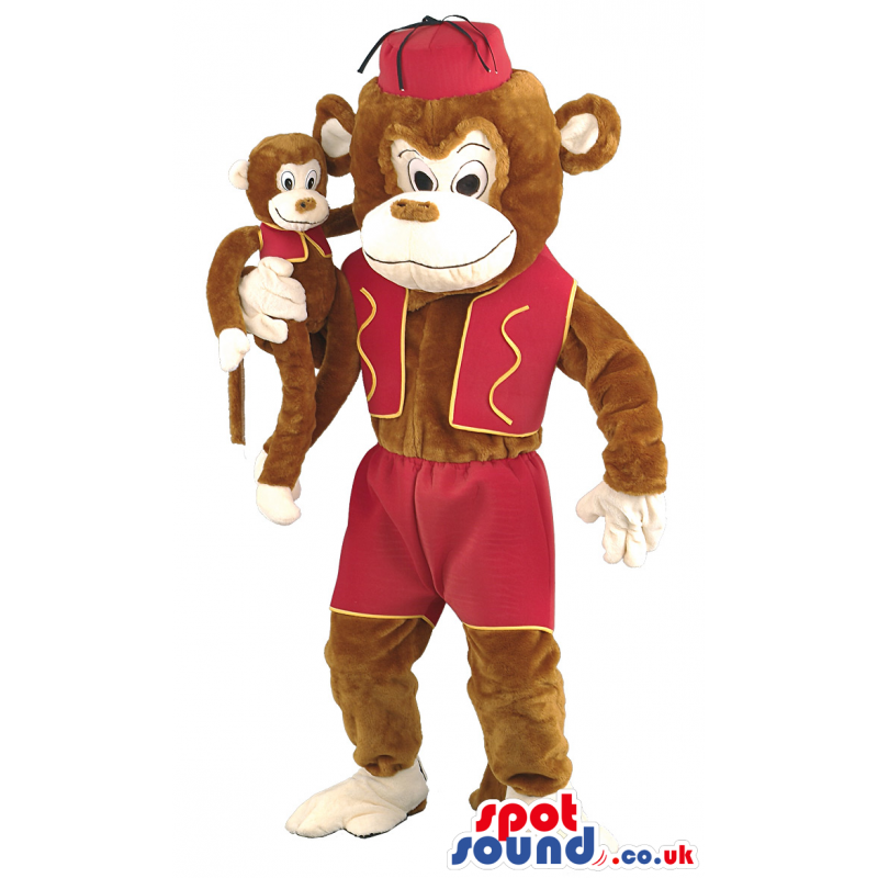 Brown Monkey Mascot With Circus Red Garment And Monkey Toy -