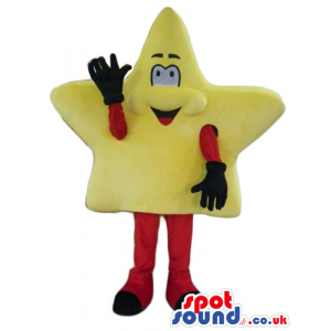 Smiling yellow star with red arms and legs and black shoes -
