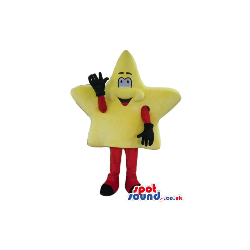 Smiling yellow star with red arms and legs and black shoes -