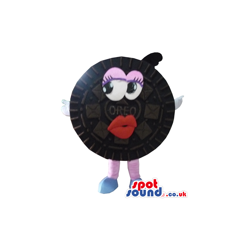 Oreo cookie with thick red lips, pink eyelids and pink limbs -