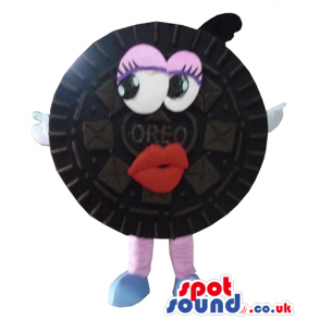 Oreo cookie with thick red lips, pink eyelids and pink limbs -