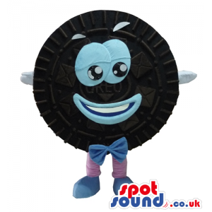 Oreo cookie with a big light-blue smile, light-blue lids, a