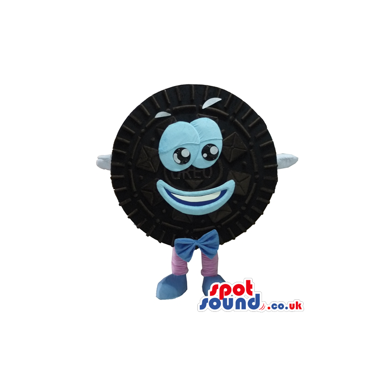 Oreo cookie with a big light-blue smile, light-blue lids, a