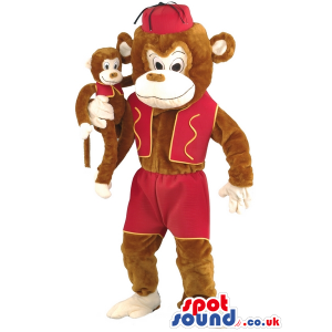 Brown Monkey Mascot With Circus Red Garment And Monkey Toy -