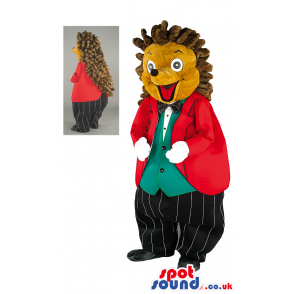 Brown Hedgehog Mascot With Red Jacket, Pants And Vest - Custom