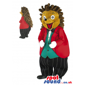 Brown Hedgehog Mascot With Red Jacket, Pants And Vest - Custom