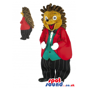 Brown Hedgehog Mascot With Red Jacket, Pants And Vest - Custom