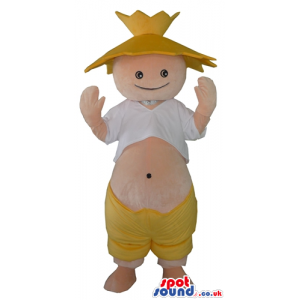 Fat smiling boy showing its belly wearing a yellow hat and