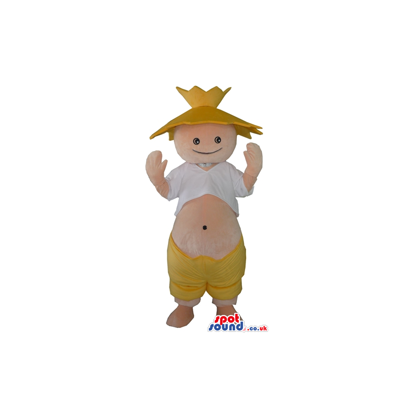 Fat smiling boy showing its belly wearing a yellow hat and