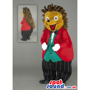 Brown Hedgehog Mascot With Red Jacket, Pants And Vest - Custom