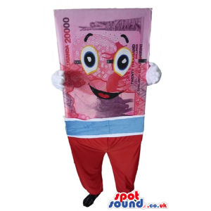 Red paper money with big round eyes wearing red trousers, a