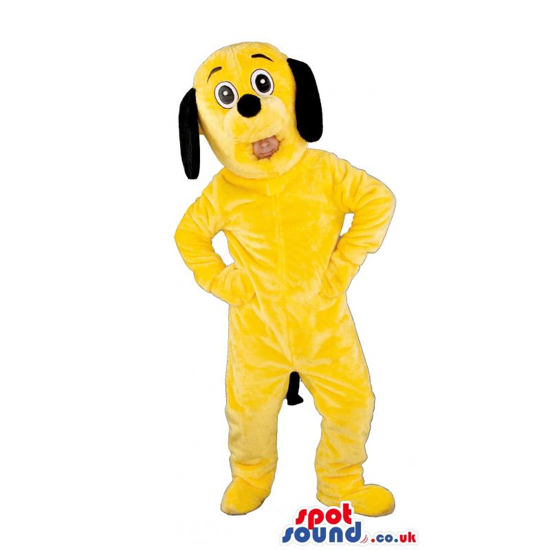 Yellow snoopy dog mascot looking surprised with his open mouth