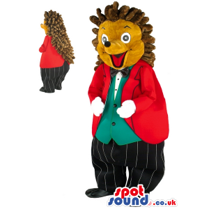 Brown Hedgehog Mascot With Red Jacket, Pants And Vest - Custom