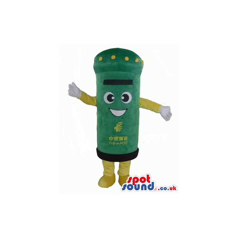 Green postbox with yellow dots on the top, big eyes and a big