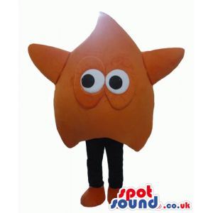 Orange triangular monster with big round eyes and black legs -