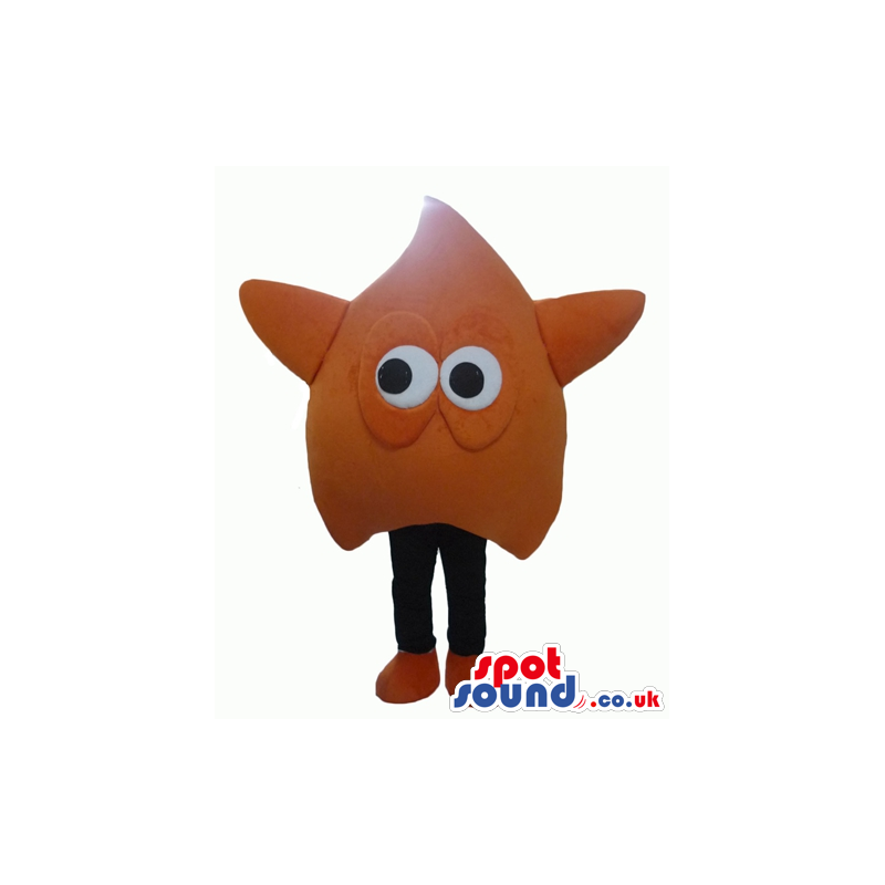 Orange triangular monster with big round eyes and black legs -