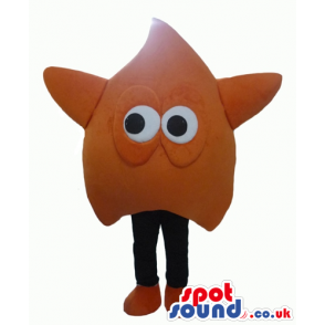 Orange triangular monster with big round eyes and black legs -