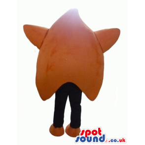 Orange triangular monster with big round eyes and black legs -