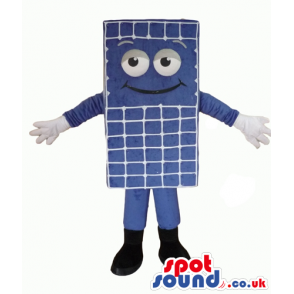 Blue rectangle with white lines and big eyes wearing blue