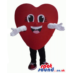 Smilng red heart with white arms and hands and black legs and