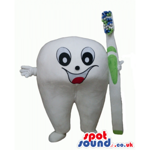 Smiling white tooth with big eyes and a big mouth holding a