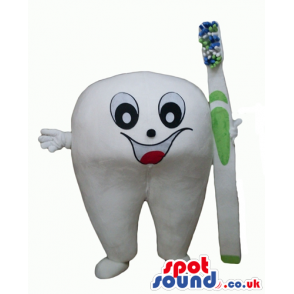 Smiling white tooth with big eyes and a big mouth holding a