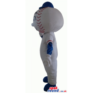 Baseball ball wearing a white and blue t-shirt, white trousers