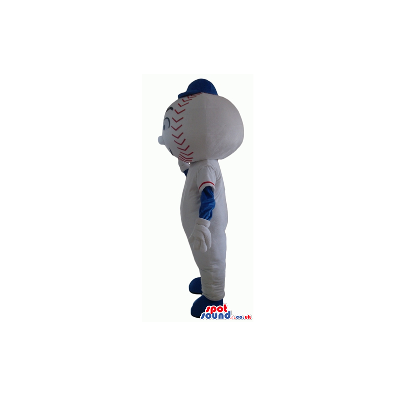 Baseball ball wearing a white and blue t-shirt, white trousers