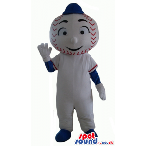 Baseball ball wearing a white and blue t-shirt, white trousers