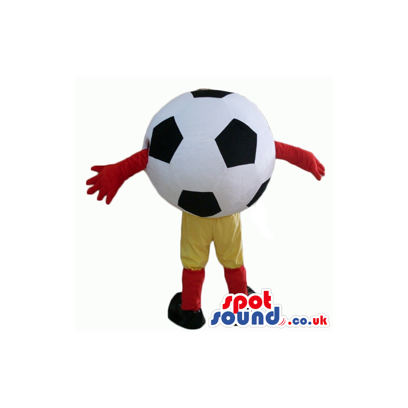 Soccer ball wearing yellow trousers, red socks, black trainers