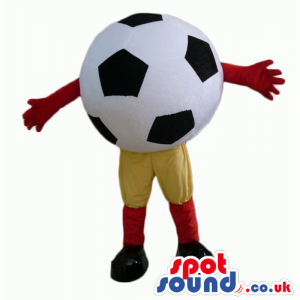 Soccer ball wearing yellow trousers, red socks, black trainers