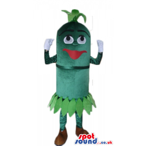 Green palm with green hair, thick red lips and round eyes