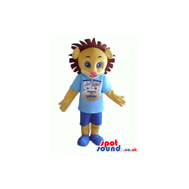 Beige lion with wearing a light blue t-shirt with a logo, blue
