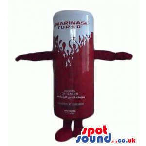 Red and white tin of an energy drink with red arms and legs -