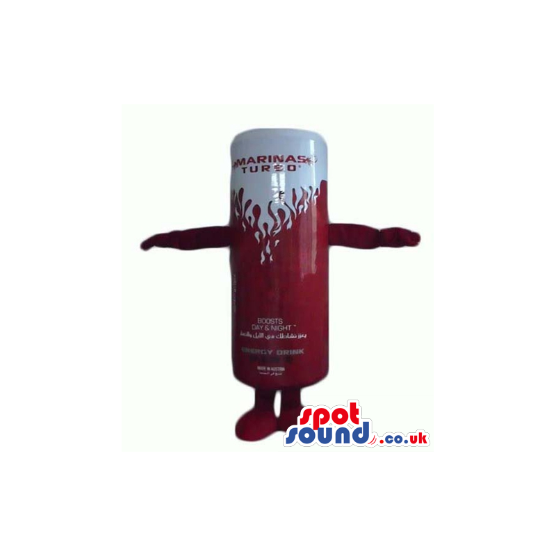 Red and white tin of an energy drink with red arms and legs -