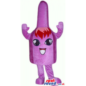 Purple flask with purple arms and legs, big eyes, red hair and