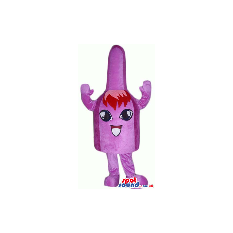 Purple flask with purple arms and legs, big eyes, red hair and