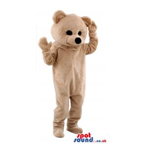 Brown teddy bear mascot thinking throwing his hands on the air