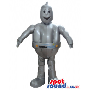 Grey robot with small black eyes and a logo on the belly -