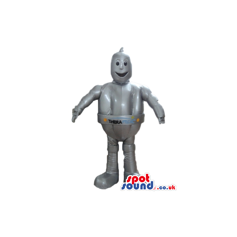 Grey robot with small black eyes and a logo on the belly -